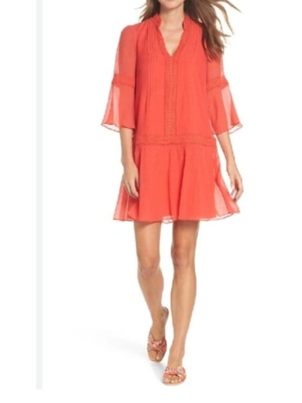 Kobi Halperin Mala Orange Red Coral Cotton Silk Drop Waist Dress size Small boho